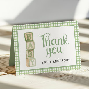 Sagegroene babyshower bedankkaart Blokken