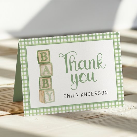 Sagegroene babyshower bedankkaart | Blokken