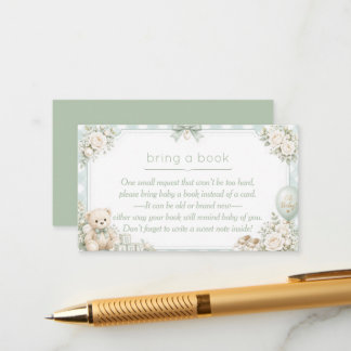 Sagegroene babyshower 'Breng een boek'-kaart Informatiekaartje