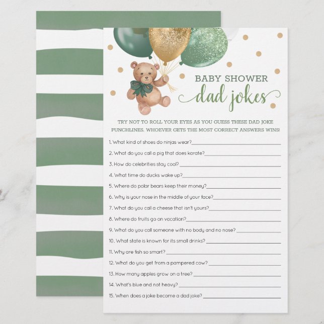 Sagegroene babyshower vader grapjes spel teddybeer (Voorkant / Achterkant)