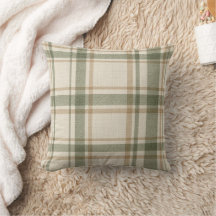Sagegroene beige en ivoorkleurige geruite kussensl