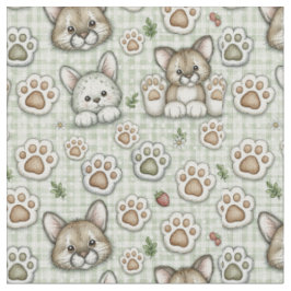 Sagegroene beige geruite cute katpootprint quiltst stof