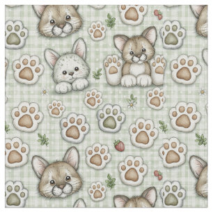 Sagegroene beige geruite cute katpootprint quiltst stof