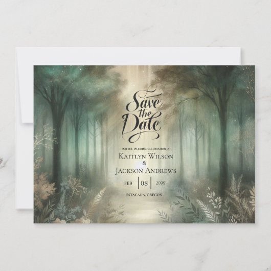 Sagegroene betoverde bosstraling bruiloft save the date (Voorkant)