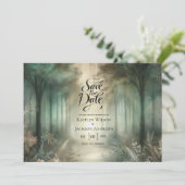 Sagegroene betoverde bosstraling bruiloft save the date (Staand voorkant)