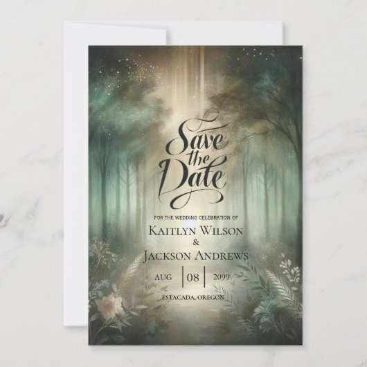 Sagegroene betoverde bosstraling save the date (Voorkant)