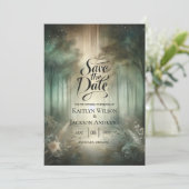 Sagegroene betoverde bosstraling save the date (Staand voorkant)
