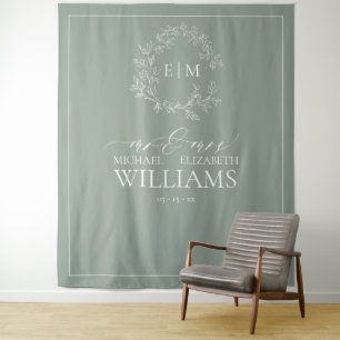 Sagegroene Bladerige Kuif Monogram Huwelijksfotota Wandkleed