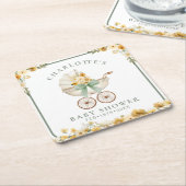 Sagegroene bloemencodecouvert voor babyshower kartonnen onderzetters (Schuin)