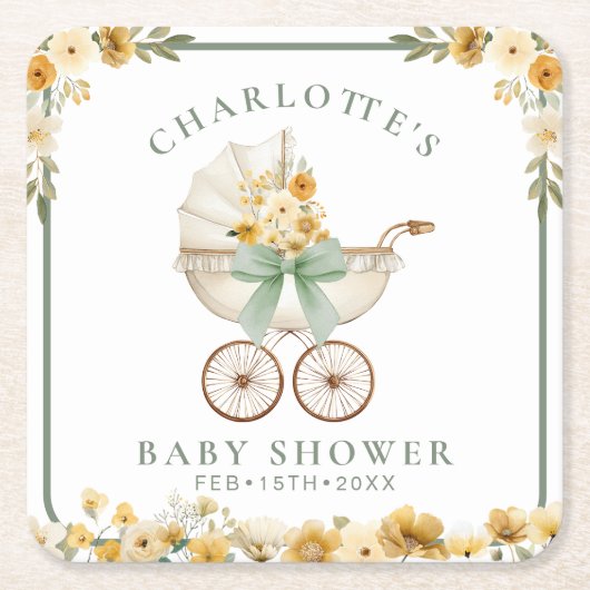 Sagegroene bloemencodecouvert voor babyshower kartonnen onderzetters (Voorkant)