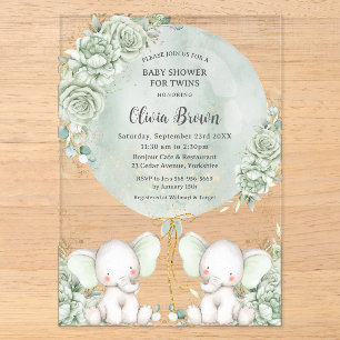 Sagegroene bloemenen slurven Tweeling Baby Shower Acryl Uitnodigingen