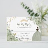 Sagegroene bloemengoud Quinceañera-prinsessenjurk RSVP Kaartje (Staand voorkant)