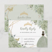 Sagegroene bloemengoud Quinceañera-prinsessenjurk RSVP Kaartje (Voorkant / Achterkant)