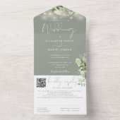 Sagegroene bloemenslingerlampjes QR-code bruiloft All In One Uitnodiging (Binnen)
