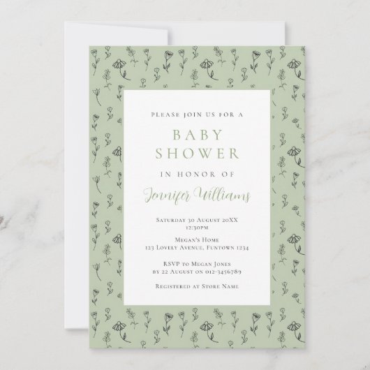 Sagegroene bloemige babyshower uitnodiging (Voorkant)