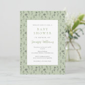 Sagegroene bloemige babyshower uitnodiging (Staand voorkant)