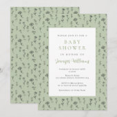Sagegroene bloemige babyshower uitnodiging (Voorkant / Achterkant)