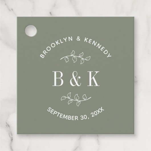 Sagegroene Bloemige Botanische Monogram Koppelnaam Bedankjes Labels (Voorkant)