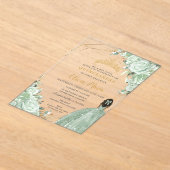 Sagegroene bloemige bruine prinses gouden Quinceañ Acryl Uitnodigingen (Laagn)