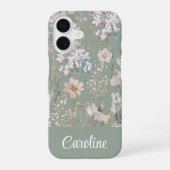 Sagegroene bloemige gepersonaliseerde iPhone 16 hoesje (Achterkant)
