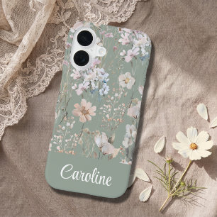 Sagegroene bloemige gepersonaliseerde iPhone 16 hoesje