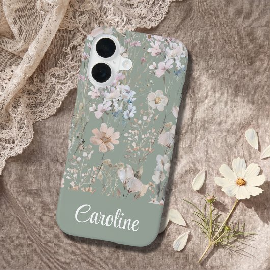 Sagegroene bloemige gepersonaliseerde iPhone 16 hoesje