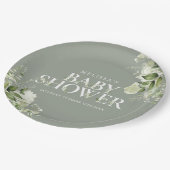 Sagegroene bloemige geslachtsneutrale babyshower papieren bordje (Gekanteld)