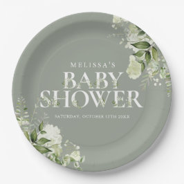 Sagegroene bloemige geslachtsneutrale babyshower papieren bordje