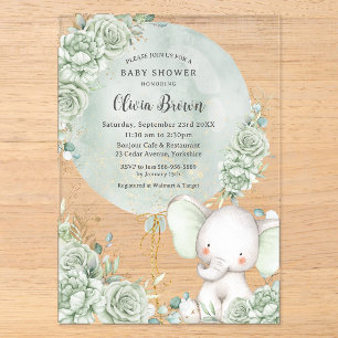 Sagegroene bloemige olifant neutrale babyshower acryl uitnodigingen