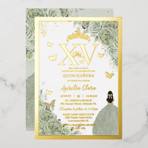 Sagegroene bloemige Quinceañera Quince 15 XV Goud Folie Uitnodiging