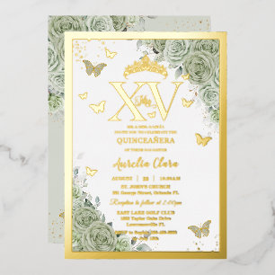 Sagegroene bloemige Quinceañera Vlinders XV Goud Folie Uitnodiging