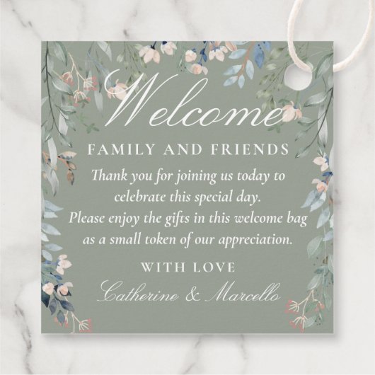 Sagegroene bloemige trouwcadeautas bedankjes labels (Achterkant)