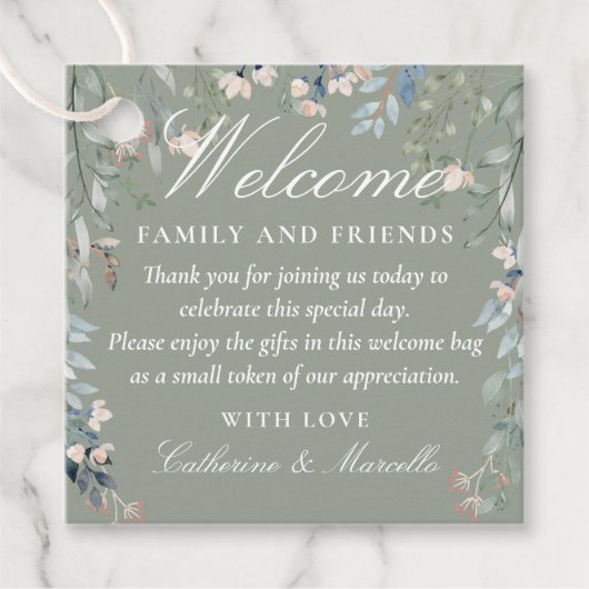 Sagegroene bloemige trouwcadeautas bedankjes labels (Voorkant)