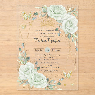 Sagegroene bloemige vlinders Quinceañera Quince Acryl Uitnodigingen