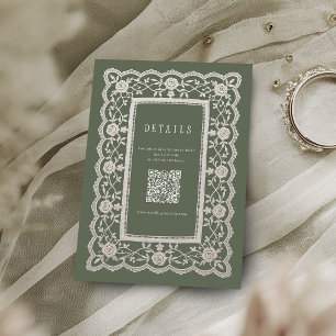 Sagegroene bloemrijke vintage kant bruiloftsdetail informatiekaartje