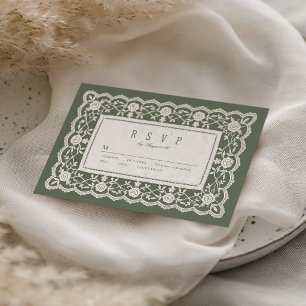 Sagegroene bloemrijke vintage kant klassieke trouw RSVP kaartje