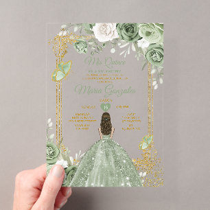 Sagegroene bloemvlinder gouden frame Mis Quince Acryl Uitnodigingen