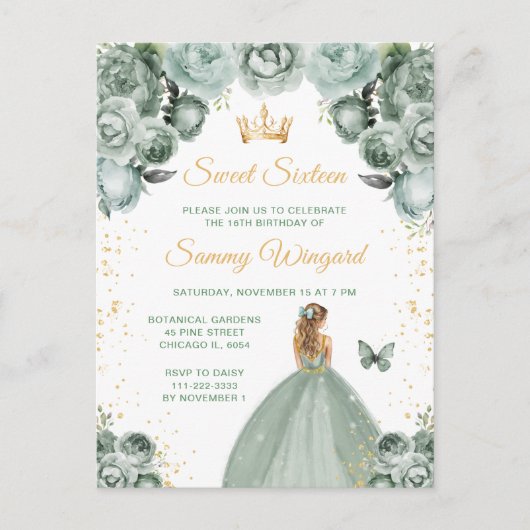 Sagegroene Blonde Haren Prinses Sweet Sixteen Briefkaart (Voorkant)