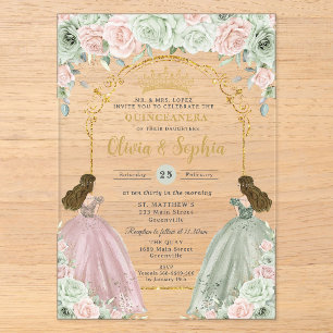 Sagegroene Blush Bloem Twins Gouden Quinceañera  Acryl Uitnodigingen