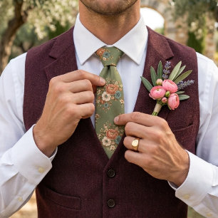 Sagegroene Blush Roze Chintz Boeket Patroon Stropdas