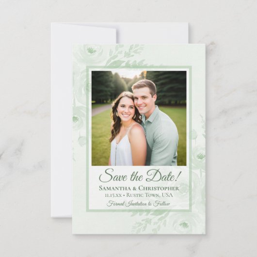 Sagegroene Boho Chic Pioenrozen & Fototrouw Save The Date (Voorkant)