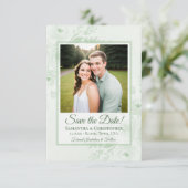 Sagegroene Boho Chic Pioenrozen & Fototrouw Save The Date (Staand voorkant)