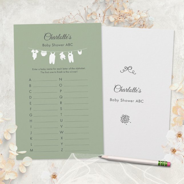 Sagegroene Boho Minimalistische Baby Shower ABC Sp (Minimalist Sage Green Baby Shower ABC Game ©Susanne Sachers - Sunny Mind 🌞)