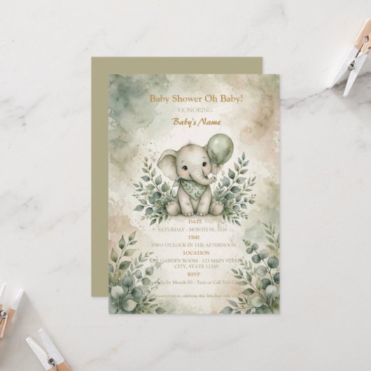 Sagegroene Boho Olifant Babyshower Uitnodiging (Voorkant / Achterkant in situ)