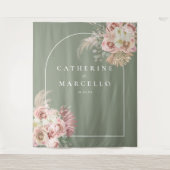 Sagegroene Boho Pampas Gras Bloem Bruiloft Wandkleed (Voorkant)