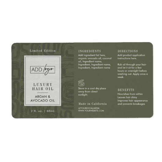 Sagegroene Boho-patroon Logo 2OZ druppelfles Etiket (Voorkant)
