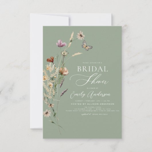Sagegroene Boho-wildbloem Bruidsborrel Script Kaart (Voorkant)