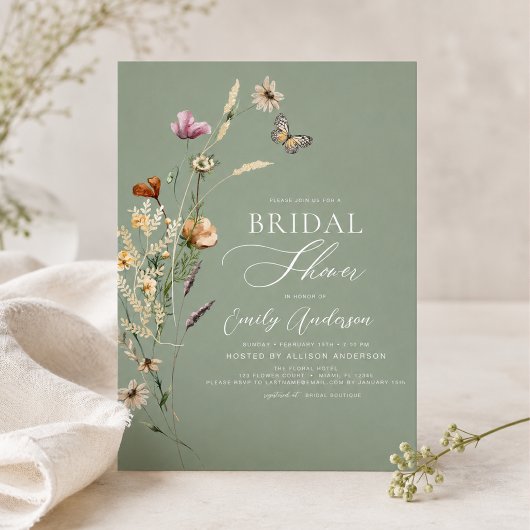 Sagegroene Boho-wildbloem Bruidsborrel Script Kaart