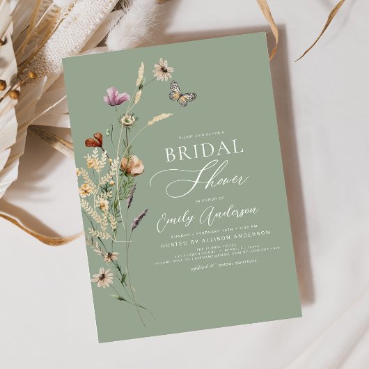 Sagegroene Boho-wildbloem Bruidsborrel Script Kaart