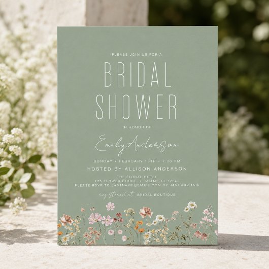 Sagegroene Boho-wildbloem Bruidsuitnodiging Elegan Kaart